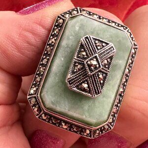 Vintage Large Sterling Jade & Marcasite Ring - Size 9